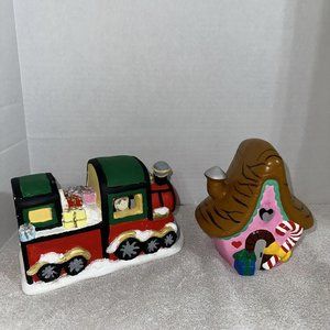 Lot/Set of 2 VTG Ceramic Christmas Candy House & Train ~ Hand Painted